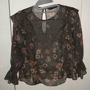Zara Brown Sheer Floral Blouse